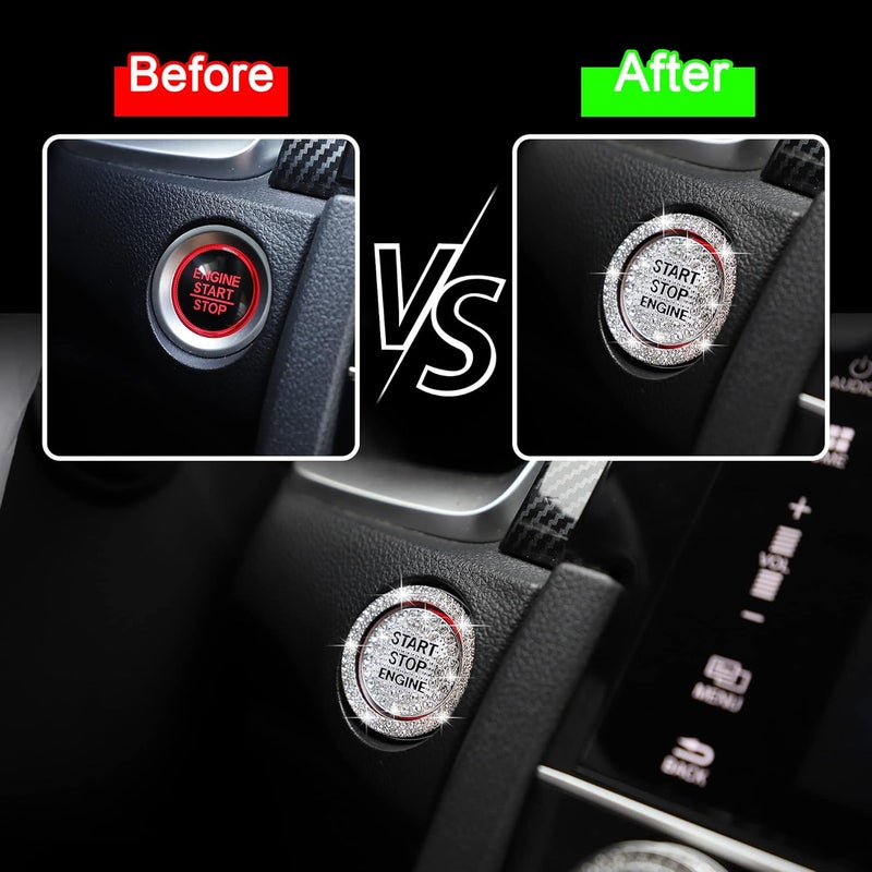 TOMALL غطاء زر بدء تشغيل محرك السيارة مزين بالكريستال الماسي ملصق حلقة بدء لامعة ملحقات زر الإشعال زينة شعار الراينستون عالمية (أبيض) - Image 5